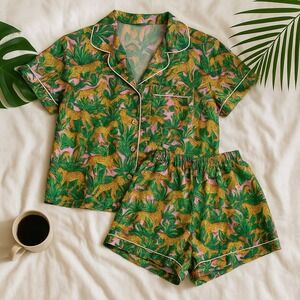 PrettyLittleThing Jungle Satin Pajama Set Button Top Shorts Leopard Print Sz 10